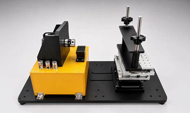 Cogging torque tester device mounted on black base platform for motor measurement