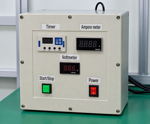 Motoron pinhole tester controller with timer, voltmeter, and ammeter display